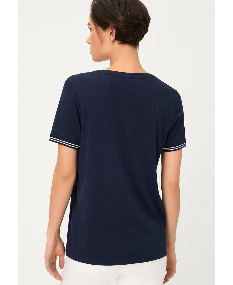 Olsen Women's Split Neck T-Shirt with Stripe Trim
