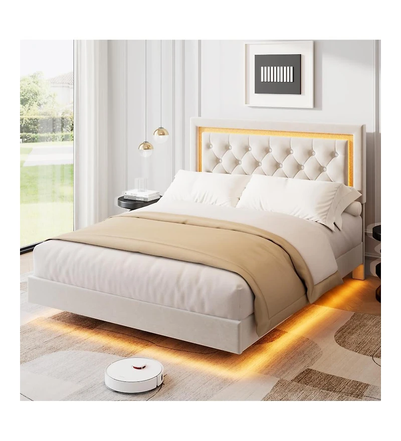 gaomon Floating Bed Frame with Led Lights, Upholstered Platform with Diamond Headboard, Wood Slats Support