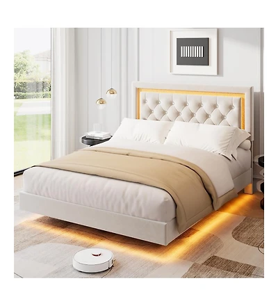 gaomon Floating Bed Frame with Led Lights, Upholstered Platform with Diamond Headboard, Wood Slats Support