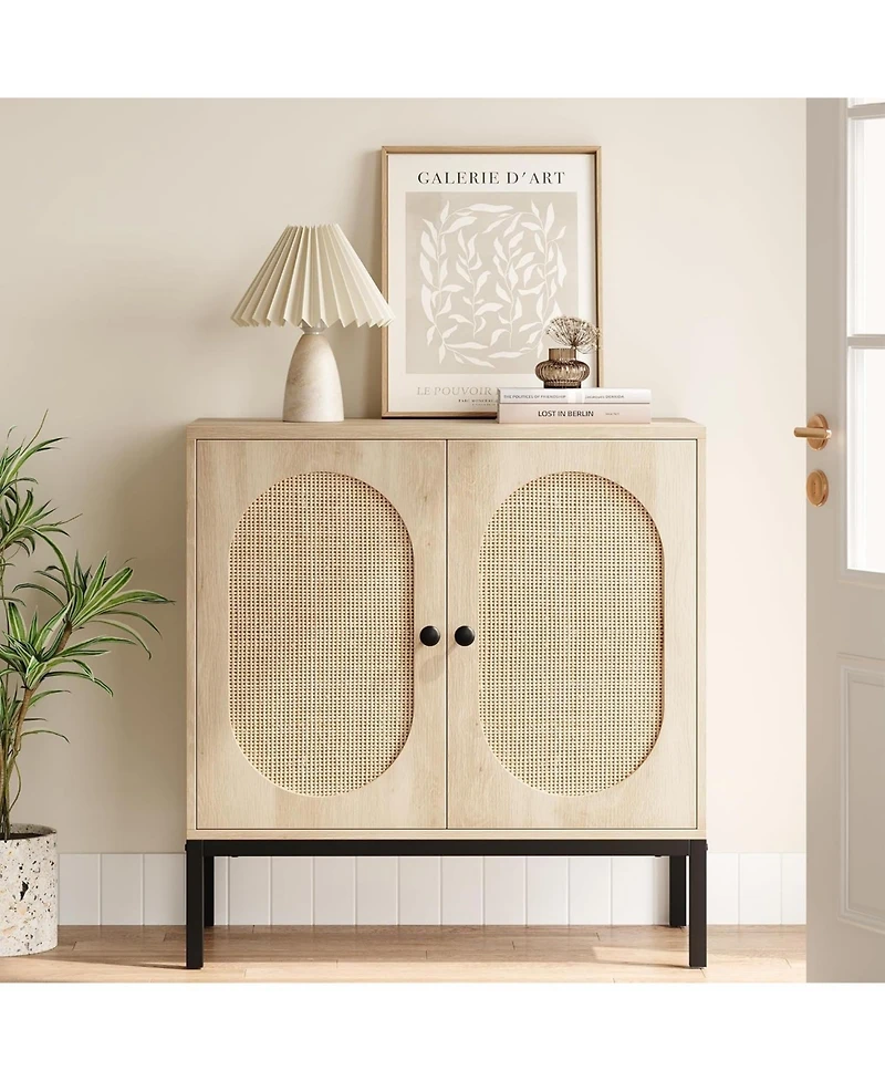 gaomon Rattan Sideboard Set of 2, Accent Storage Cabinet with 2 Doors and Adjustable Shelf, Boho Buffet Cabinet with Metal Legs