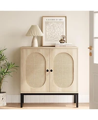 gaomon Rattan Sideboard Set of 2, Accent Storage Cabinet with 2 Doors and Adjustable Shelf, Boho Buffet Cabinet with Metal Legs