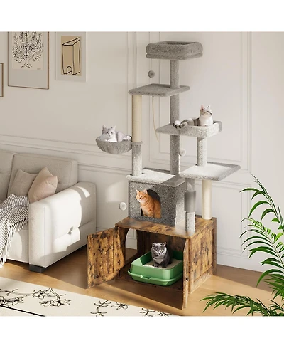 gaomon Cat Tree with Litter Box Enclosure, 2-in-1 Modern Cat Tower with Scratching Posts, Multiple Platform and Large Condo