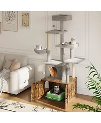 gaomon Cat Tree with Litter Box Enclosure, 2-in-1 Modern Cat Tower with Scratching Posts, Multiple Platform and Large Condo