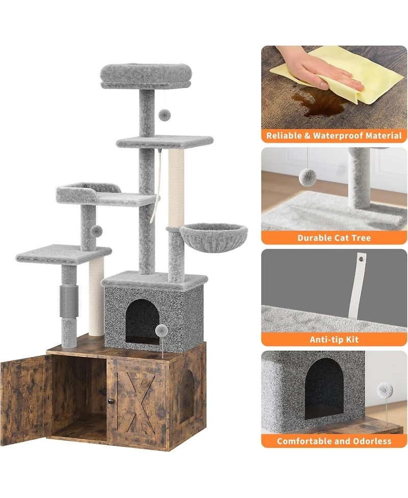 gaomon Cat Tree with Litter Box Enclosure, 2-in-1 Modern Cat Tower with Scratching Posts, Multiple Platform and Large Condo