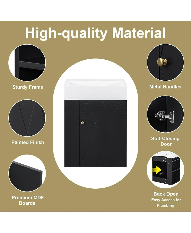 Sillysis 20 Inch Bathroom Vanity with Ceramic Sink, Side Storage Shelves and Towel Bar, Wall Mount Cabinet for Small Spaces