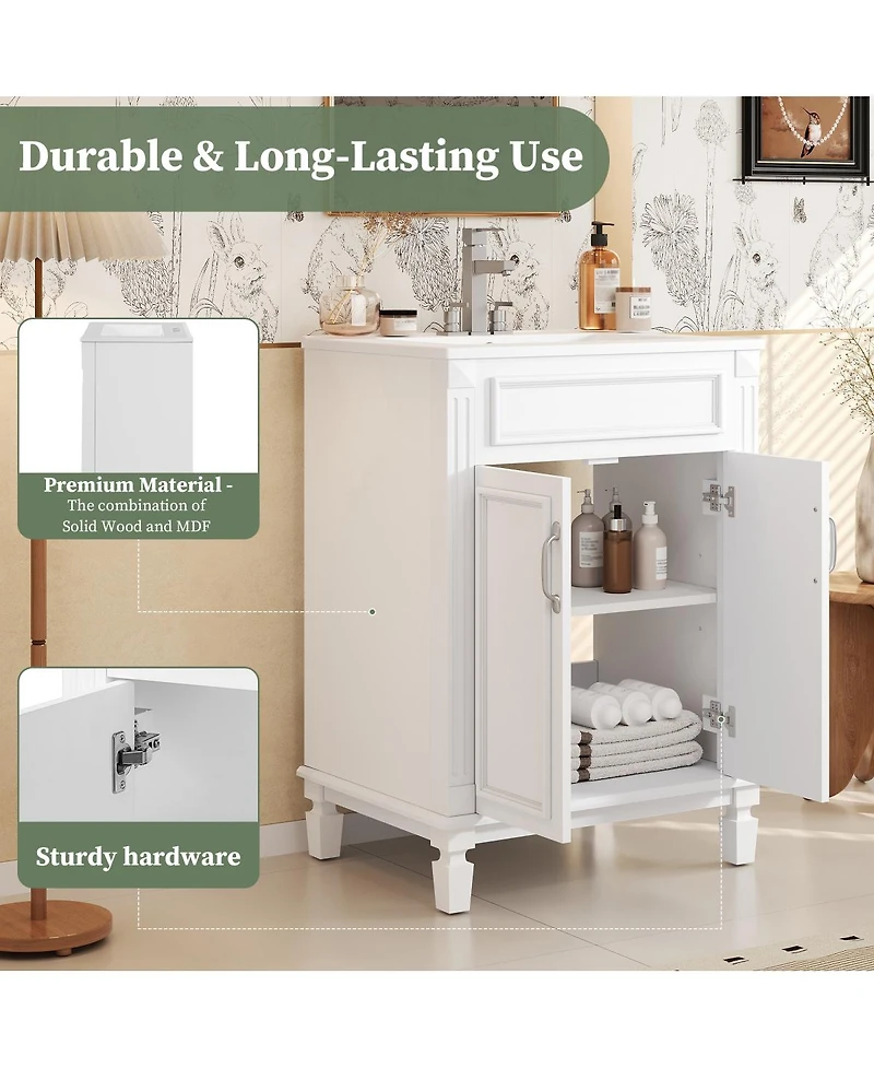 Sillysis 24 Inch Freestanding Bathroom Vanity with Ceramic Sink, Soft Close Storage, Solid Wood Cabinet for Small Spaces.