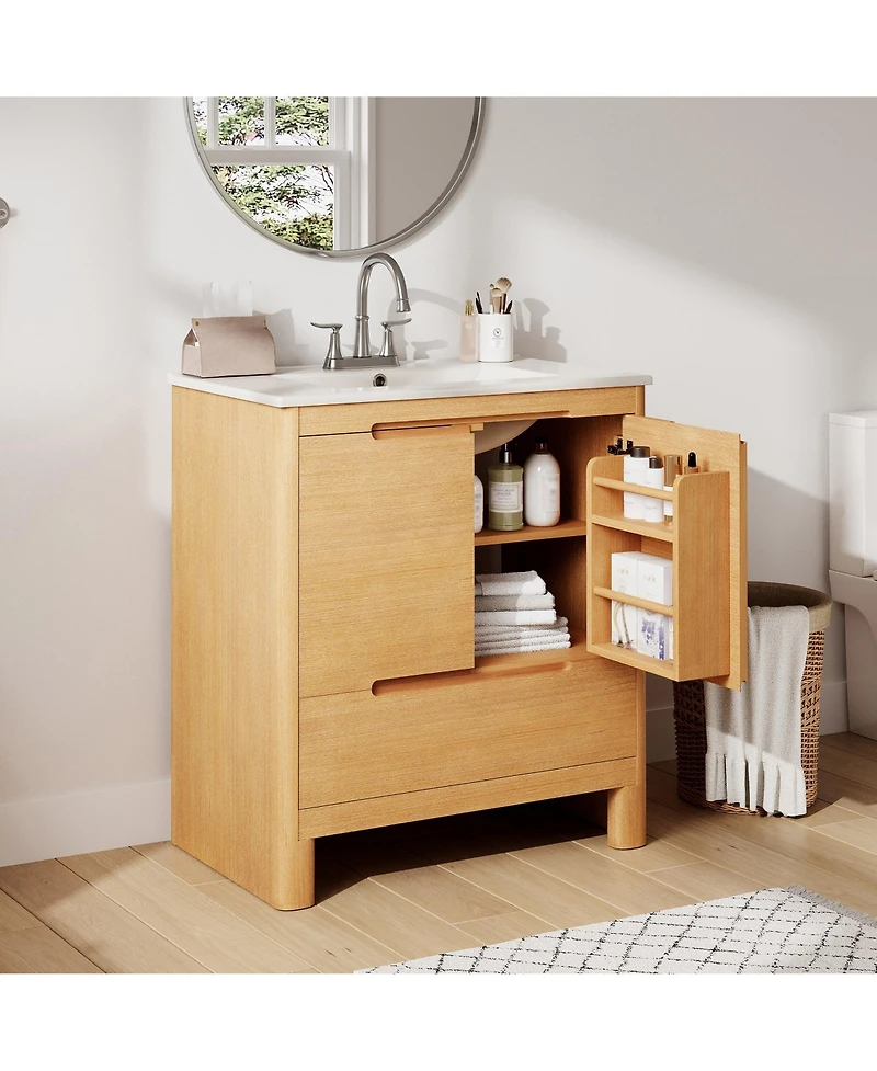 Busdays 30 Inch Oak Wood Grain Bathroom Vanity with Ceramic Sink Solid Wood Frame Soft Close Doors and Drawer Adjustable Shelf