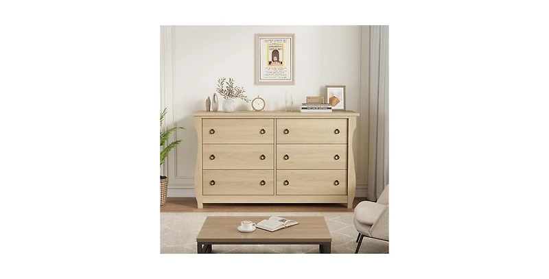 gaomon 6 Drawer Dresser for Bedroom, Wide Modern Wood Chest with Ring Pull Handles