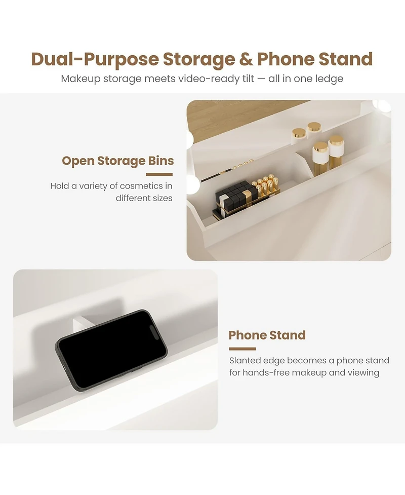 gaomon Glow Mirror Vanity Table with Plug Outlet, 3-Tier Storage Drawers and Shelves