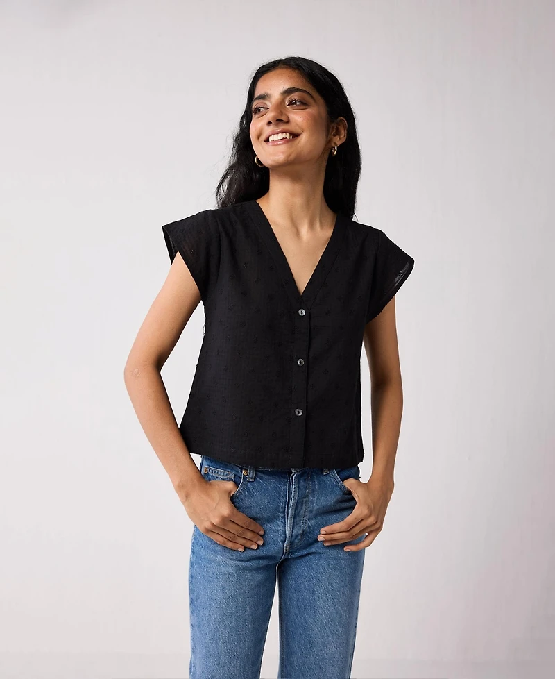 Reistor Women's V-Neck Embroidered Top with Front Buttons