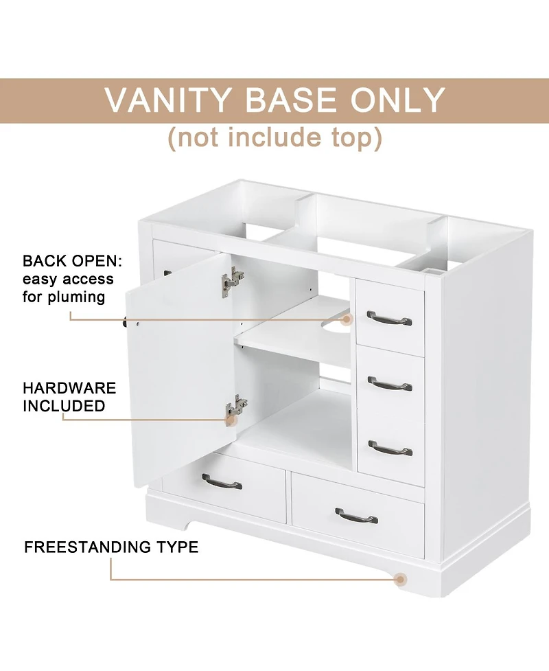 Sillysis 36 Inch Modern Bathroom Vanity Base without Sink, Solid Wood and Mdf Cabinet, 6 Drawers Adjustable Shelf, Freestanding Storage.