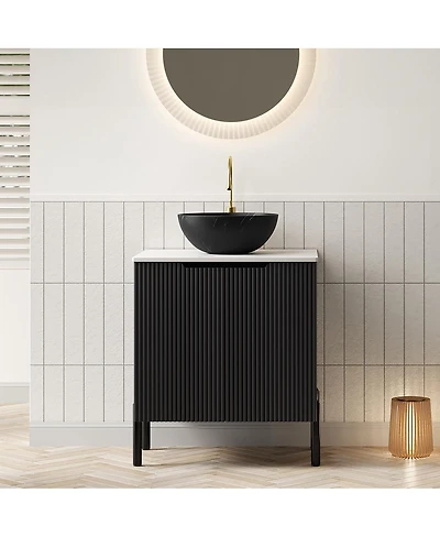 Sillysis 24 Inch Modern Bathroom Vanity with Ceramic Bowl Vessel Sink, Sintered Stone Top and Soft Close Storage Cabinet.