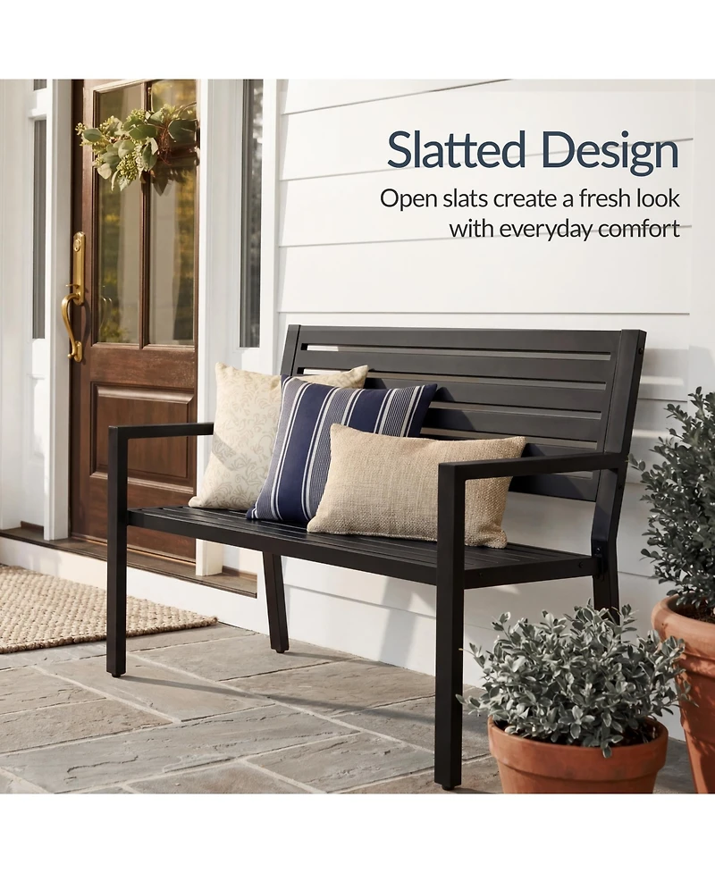 Best Choice Products Outdoor Metal Bench Patio Garden Bench, 790lb Capacity, Steel Slatted Seat with Armrests