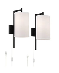 Possini Euro Design Modern Wall Lamps Set of 2 with Usb Port Black Plug-In 8" Light Fixture Fabric Shade for Bedroom Bedside House