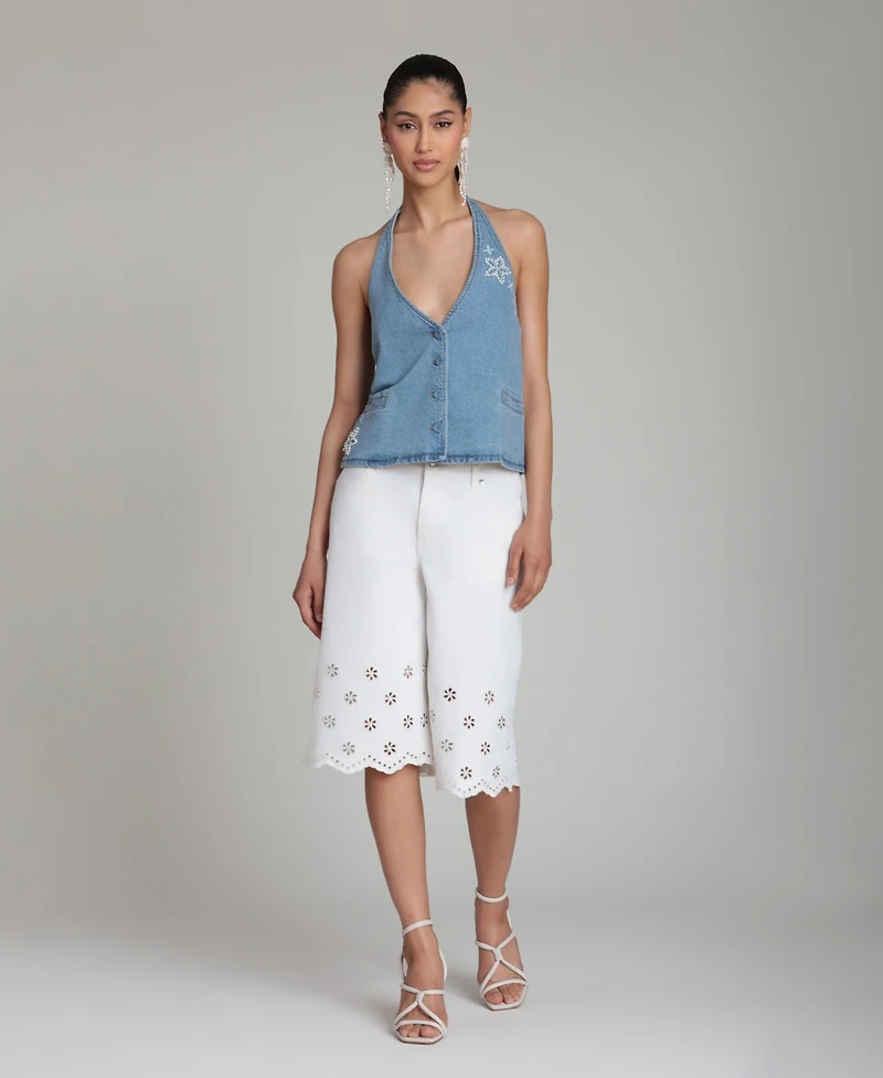 Avec Les Filles Women's Mid-Rise Floral Cutout Detail Shorts