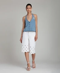 Avec Les Filles Women's Mid-Rise Floral Cutout Detail Shorts