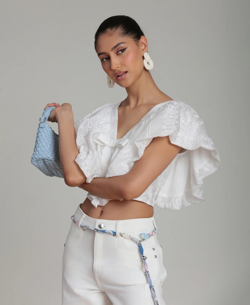 Avec Les Filles Women's V-Neck Tie-Detail Bubble Top