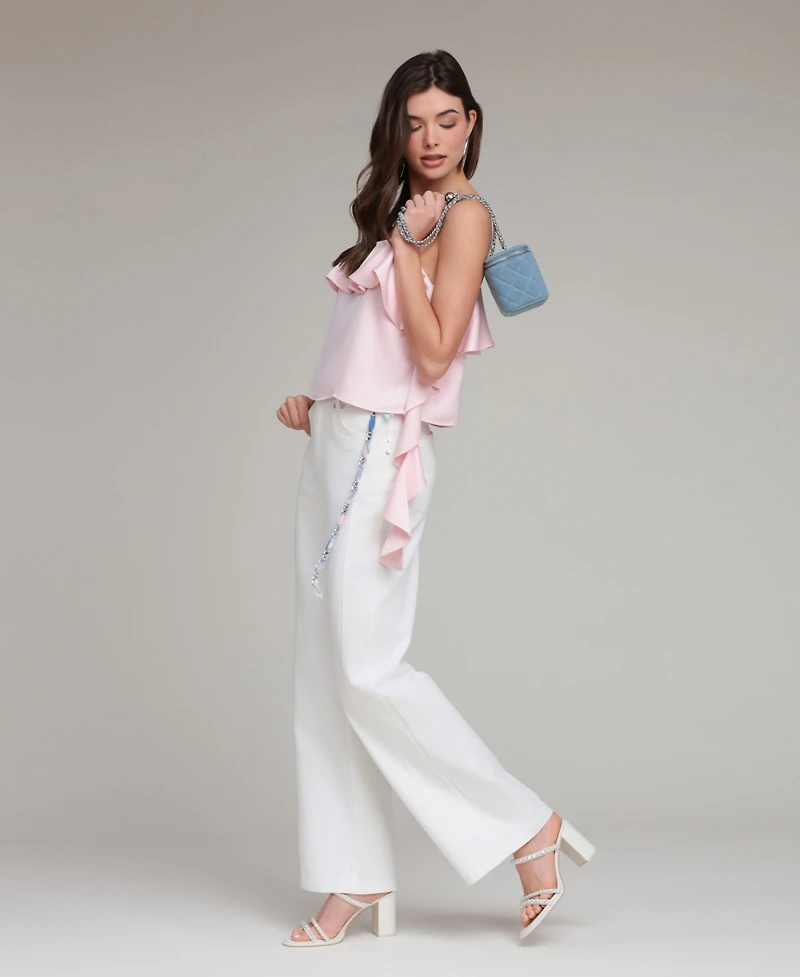 Avec Les Filles Women's Asymmetrical Ruffle Detail Square Neck Top