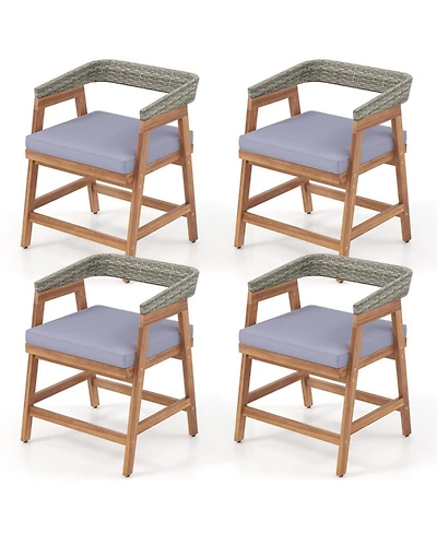 Gouun Acacia Wood and Wicker Outdoor Dining Chairs Set of 4 with Seat Cushions