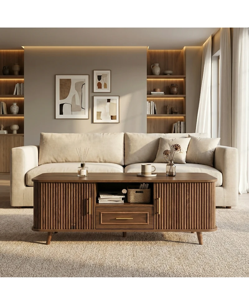 Rainsken Modern Rectangular Coffee Table with Vertical Grooved Panels, Pull-out Drawer and 6 Storage Compartments, Center Table for Living Room