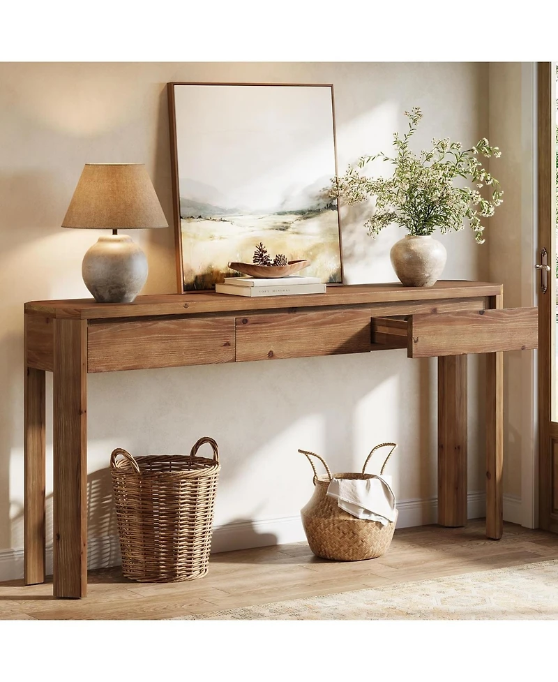 Tribesigns 63" Solid Wood Console Table with 3 Drawers, 63" Long Entryway Table with Rounded Corners, Narrow Sofa Table