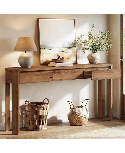 Tribesigns 63" Solid Wood Console Table with 3 Drawers, 63" Long Entryway Table with Rounded Corners, Narrow Sofa Table