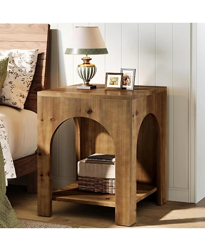 Tribesigns 2-Tier Storage Square Side Table, Farmhouse Wooden End Table with Arch Design, Small Nightstand