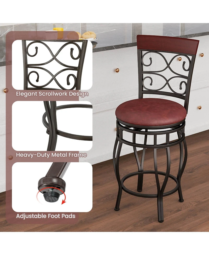 Costway 26" Swivel Bar Stools Set of 2 with Upholstered Seat Scroll Backrest Footrest