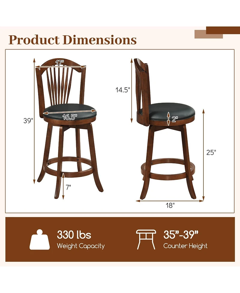 Costway Swivel Bar Stools 25" Counter Height Barstools with Backrests, Wood Frame