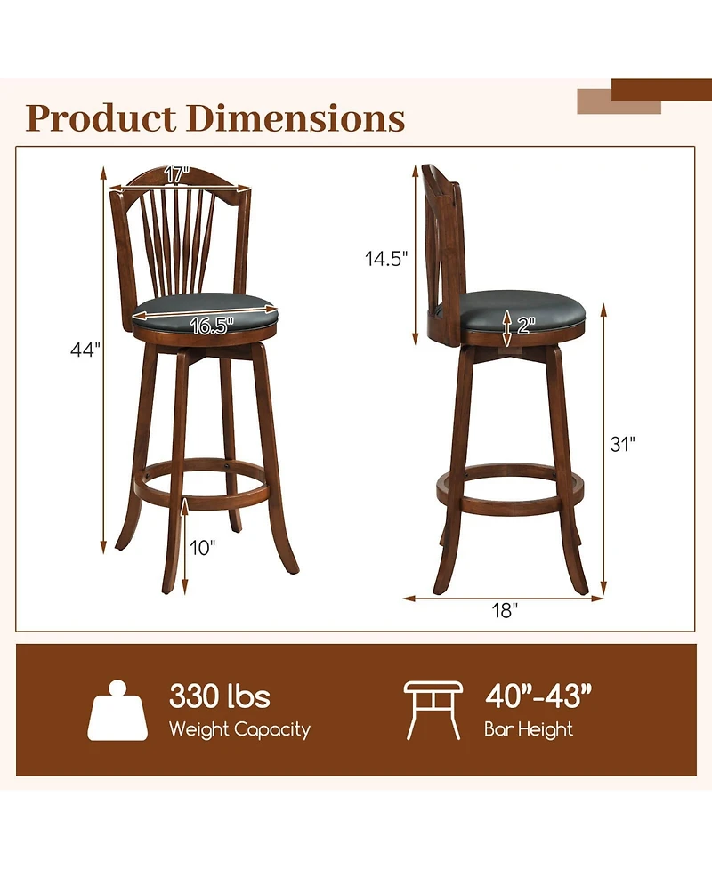 Costway Swivel Bar Stools Set of Height Barstools with Backrests and Wood Frame