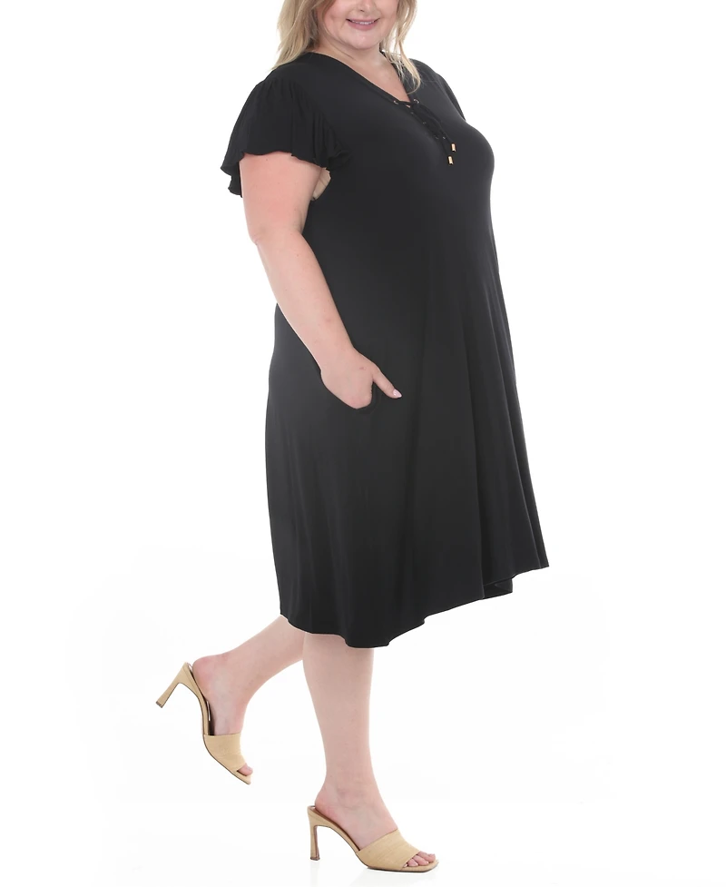 White Mark Plus V-Neck Tie Front Shift Dress
