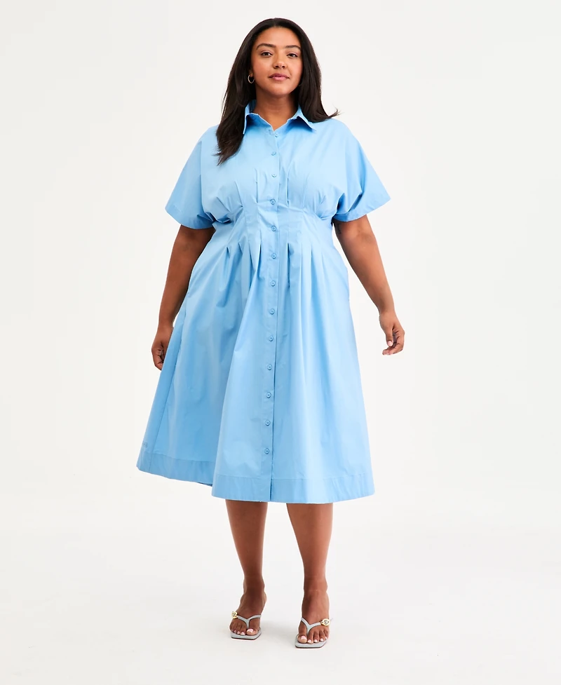 On 34th Trendy Plus Pinstriped Pleated-Waist Midi Shirtdress, Macy's Exclusive