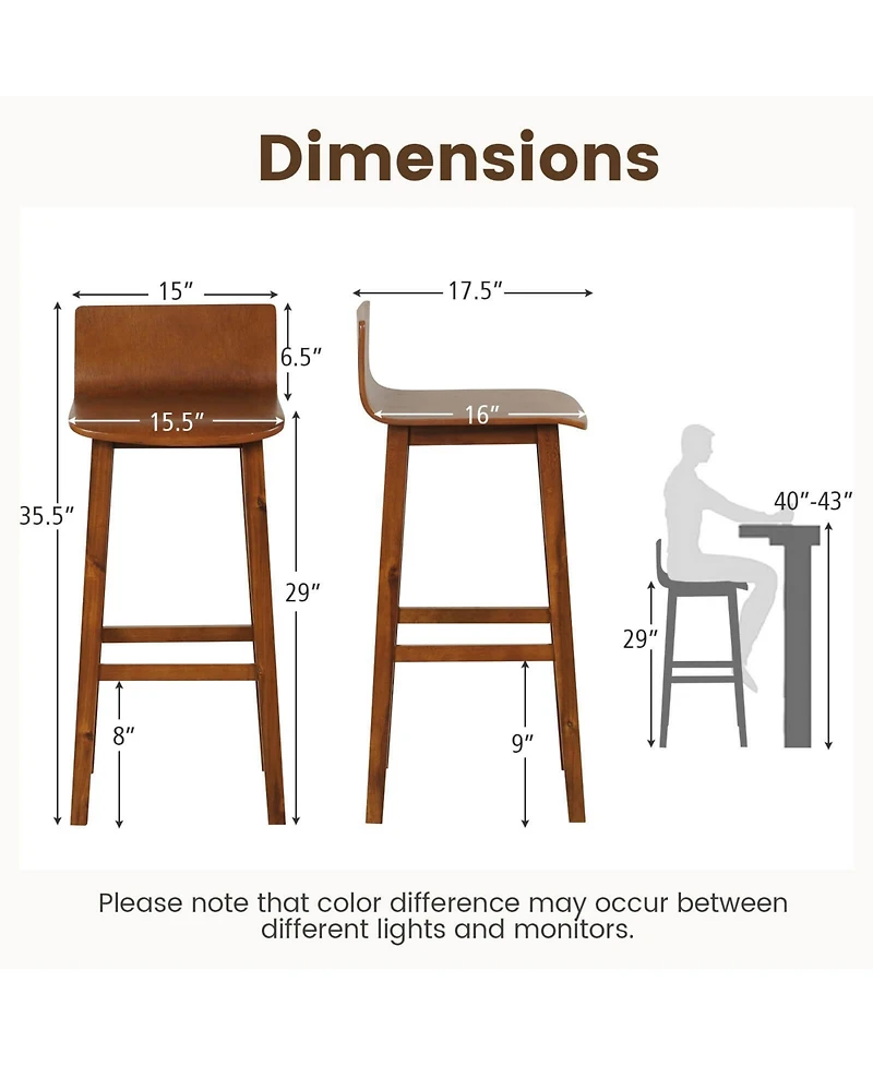 Costway 29" Wood Bar Stools with Solid Back and Seat Mid Century Chairs