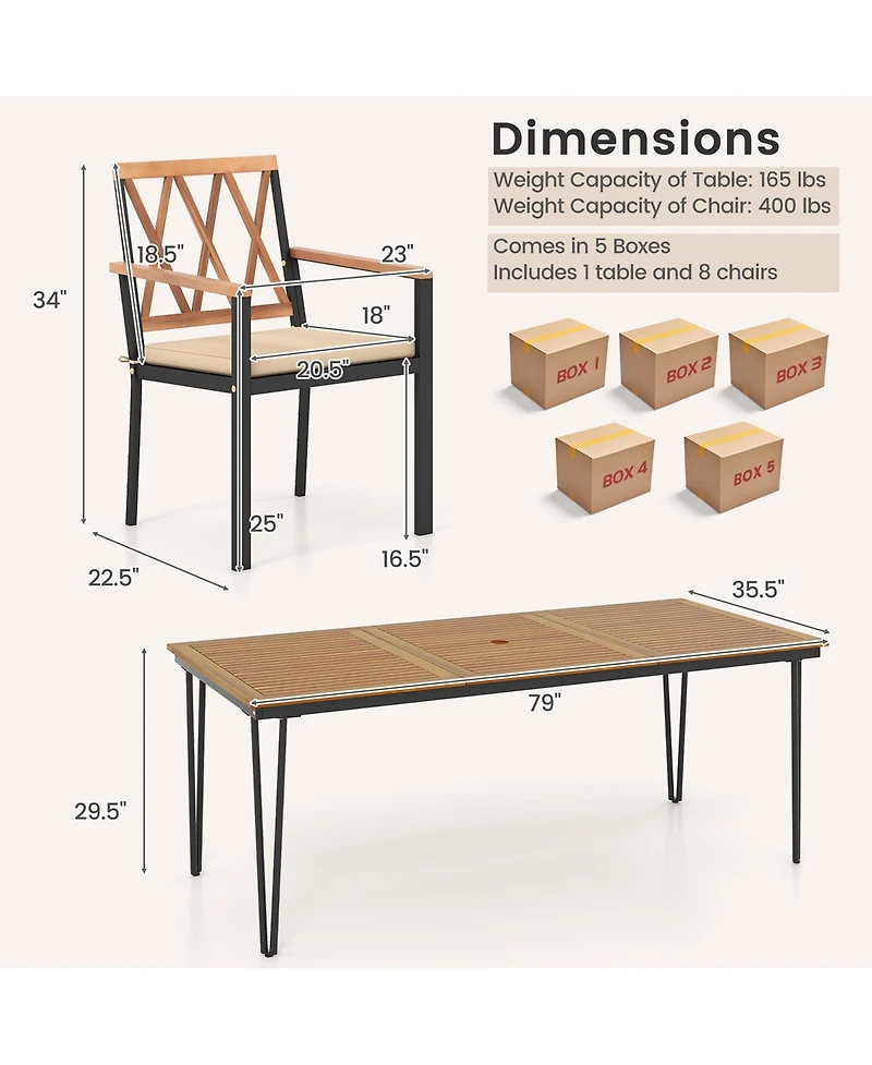 Gymax 9 Pcs Patio Dining Set Rectangular Dining Table w/ Acacia Wood Top Umbrella Hole