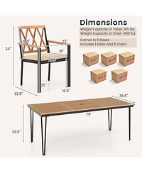 Gymax 9 Pcs Patio Dining Set Rectangular Dining Table w/ Acacia Wood Top Umbrella Hole
