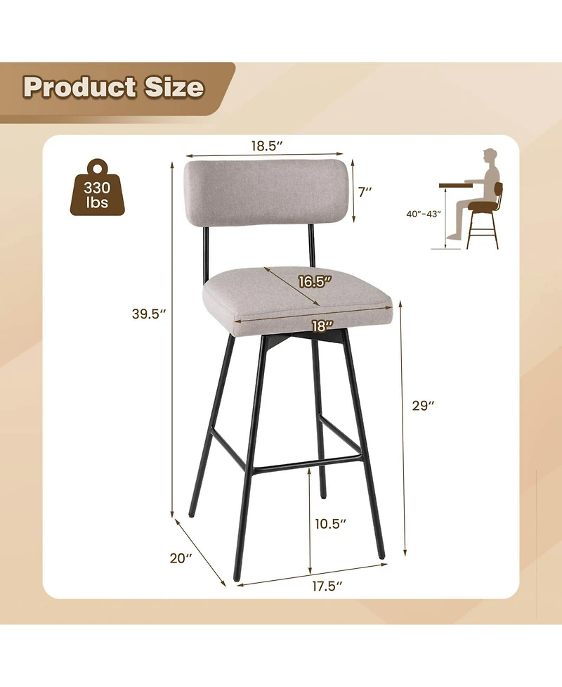 Costway Upholstered Swivel Bar Stool Set of 4 with Padded Seat and Backrest Metal Frame