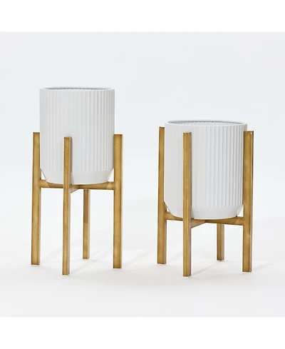 LuxenHome 2-Pc Textured Round White Metal Cachepot Planters with Gold Stands