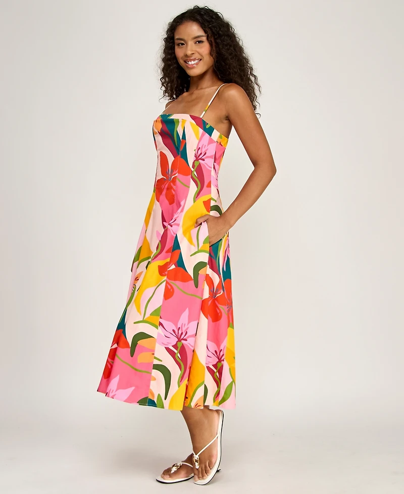 Alex & Sophia Juniors' Printed Poplin Square Neck Midi Dress