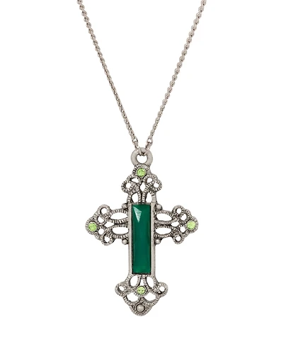 Symbols of Faith Pewter Silver Tone Green Cross Necklace