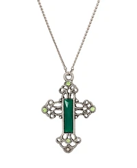 Symbols of Faith Pewter Silver Tone Green Cross Necklace