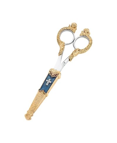 Symbols of Faith Gold Tone Crystal Cross Blue Enamel Scissor Holder with Scissors