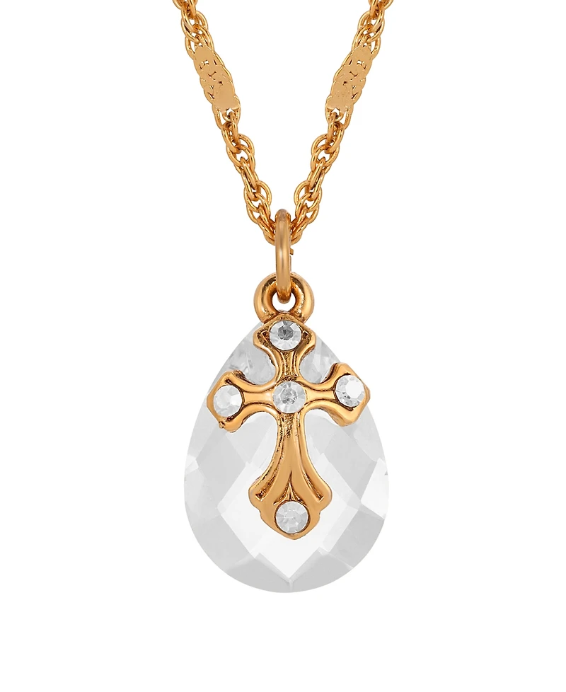 Symbols of Faith 14k Gold Dipped Clear Oval Glass Drop Crystal Cross 16"+3" Necklace