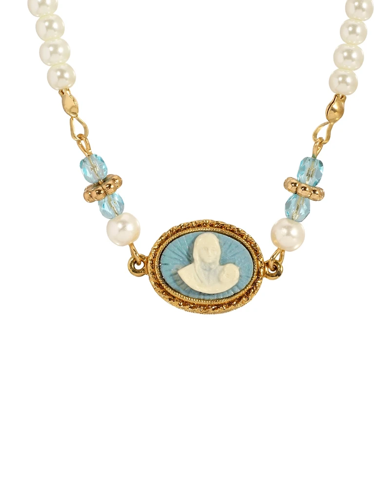 Symbols of Faith Gold-Tone Imitation Pearl Aqua Bead Chain Mary Child Cameo Necklace
