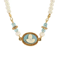 Symbols of Faith Gold-Tone Imitation Pearl Aqua Bead Chain Mary Child Cameo Necklace