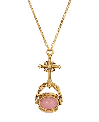 Symbols of Faith 14K Gold Dipped Cross Multi Hue Pink Stones Spinner 30" Necklace