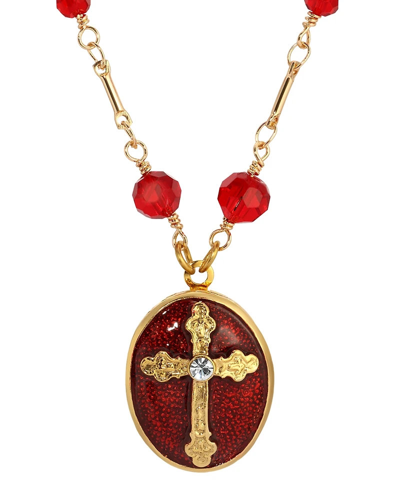 Symbols of Faith Gold Tone Siam Red Enamel Cross Oval Locket 16" Beaded Chain Necklace