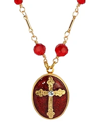 Symbols of Faith Gold Tone Siam Red Enamel Cross Oval Locket 16" Beaded Chain Necklace