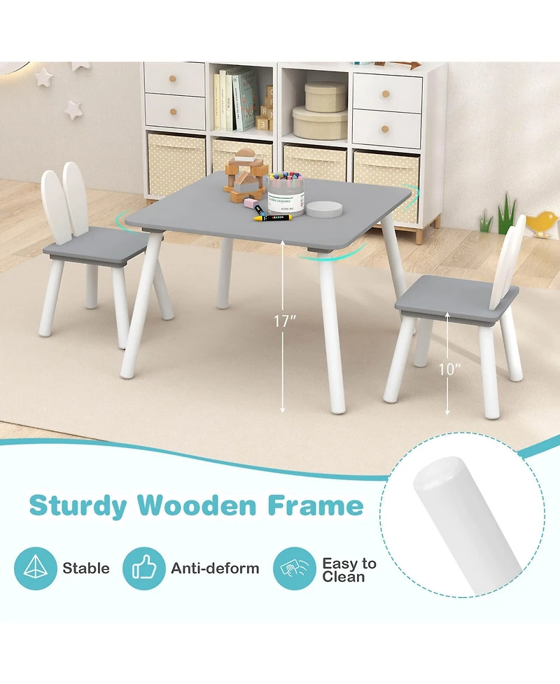 Gymax 3 Pieces Kids Table and Chairs Set Children Wooden Furniture Set w/ Solid Wood Legs