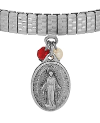 Symbols of Faith Silver Tone Oval Miraculous Medal Charm Pearl Red Bead Stretch Bracelet