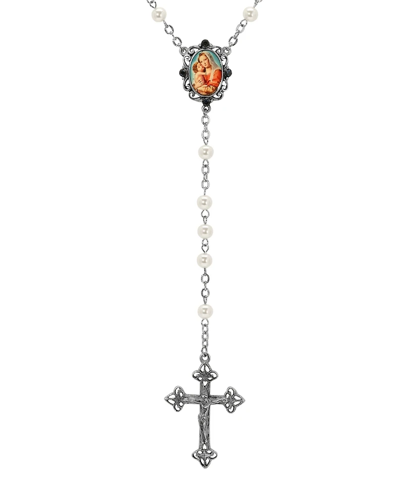 Symbols of Faith Silver-Tone Crucifix Mary Child Decal Pearl Bead Rosary